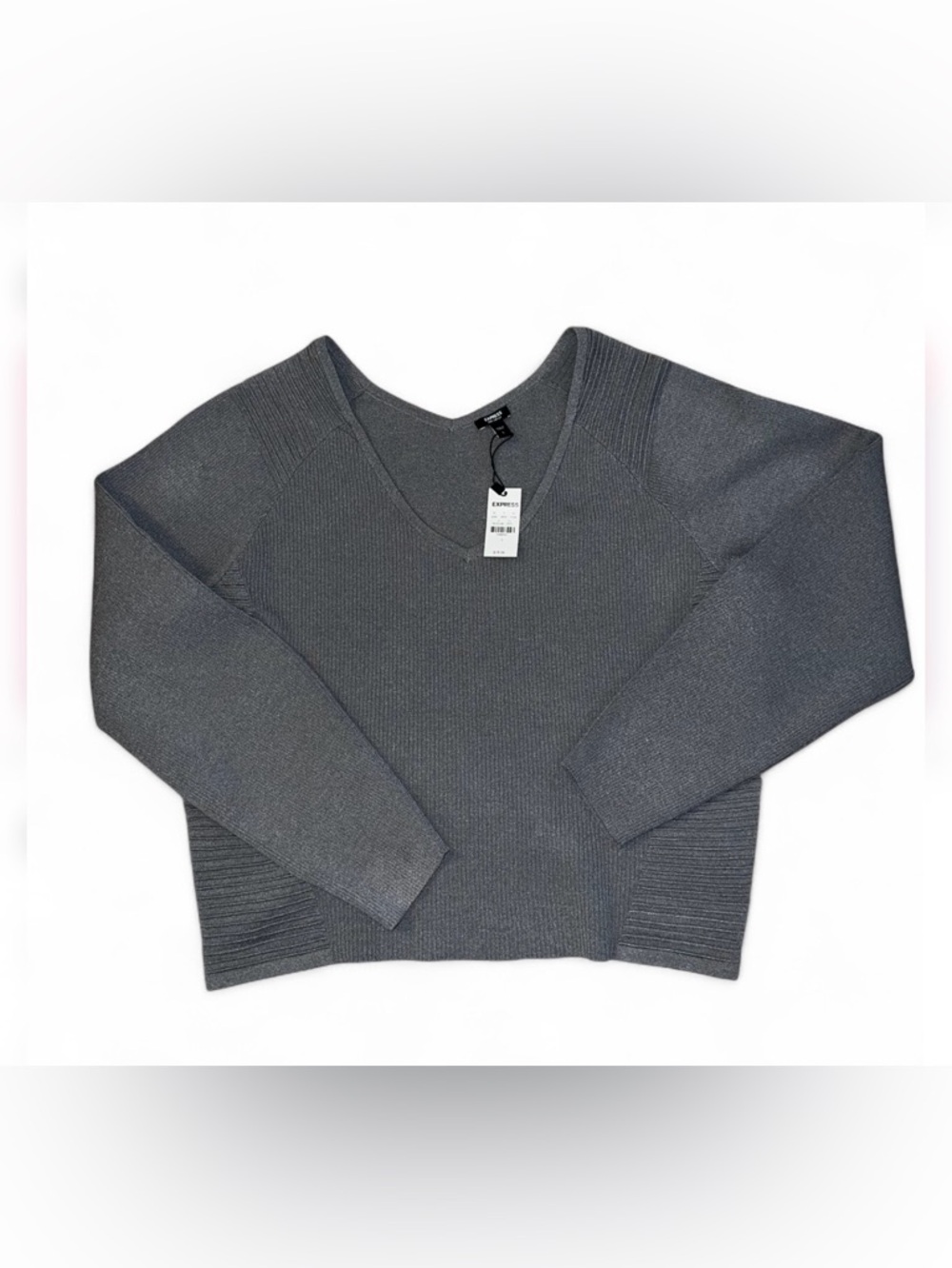 Express Gray Body Contour Ribbed V-Neck Long Sleeve